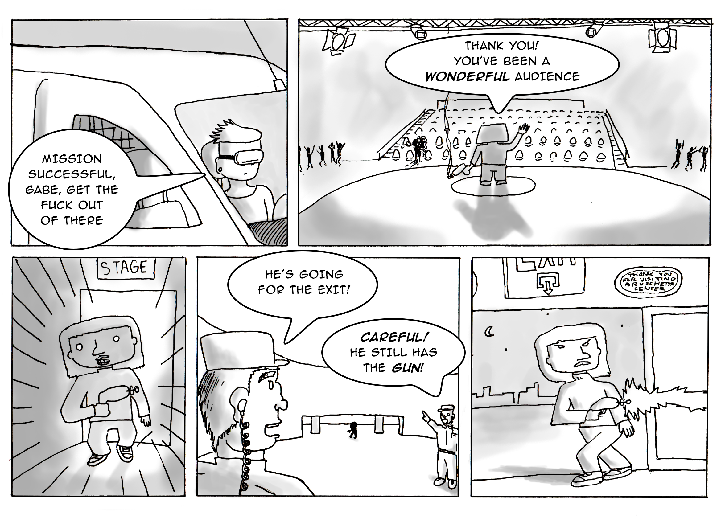 The crowd panics and Gabe flees the scene